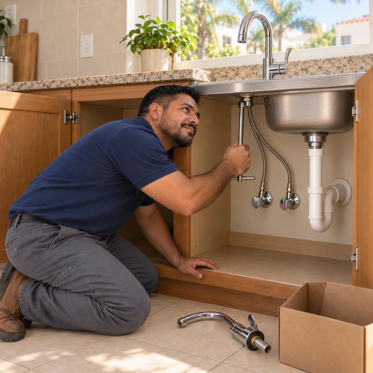 Plomero instalando una mezcladora nueva en el fregadero de una cocina