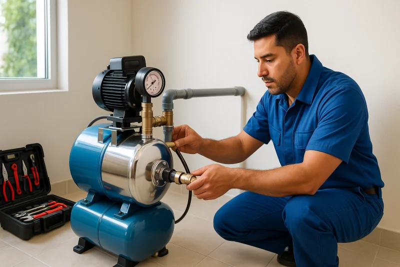 Plomero instalando bomba presurizadora para corregir baja presión de agua