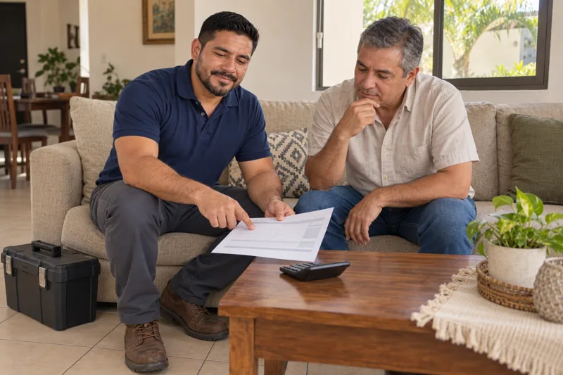 Plomero y cliente revisando una cotización impresa en la sala de una casa en Culiacán