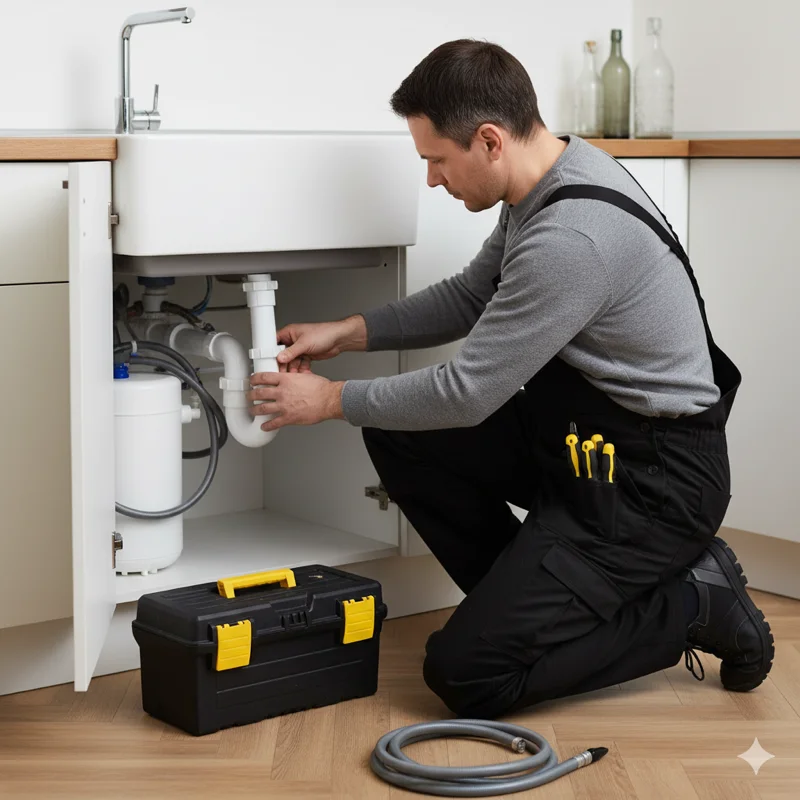 Técnico profesional destapando drenaje con herramientas especializadas