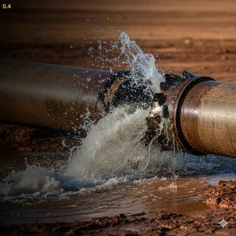 Tubería rota con fuga de agua activa mostrando pérdida de agua significativa