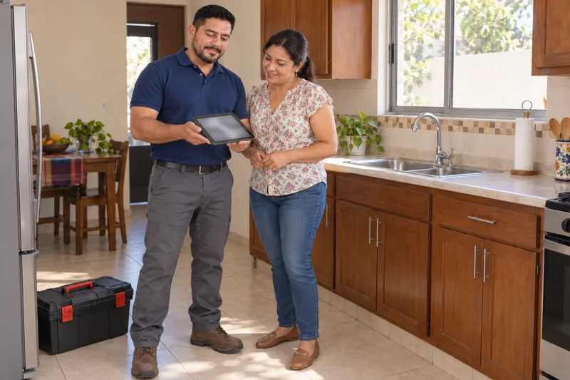 Plomero mostrando la cotización en una tableta a una clienta en la cocina de su casa en Culiacán