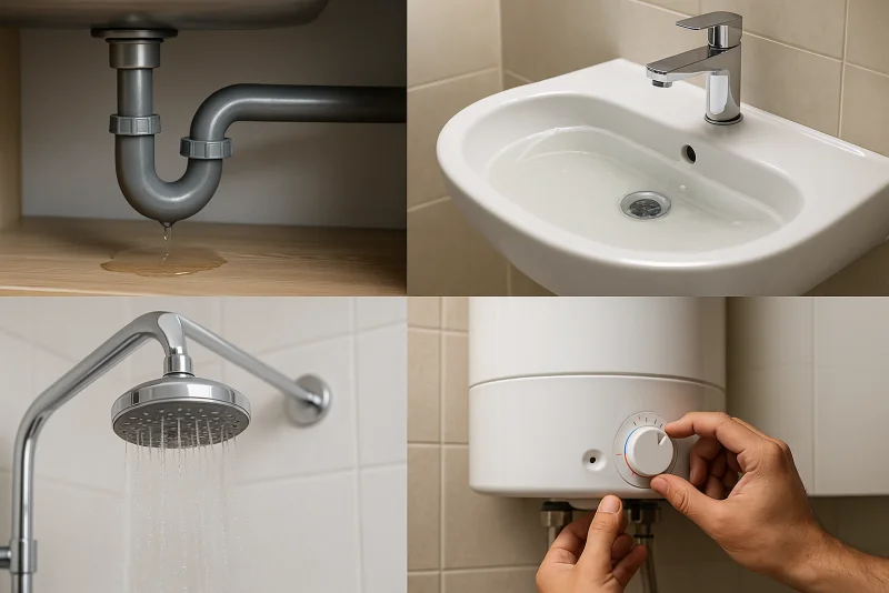 Cuatro problemas comunes de plomería: fugas bajo fregadero, drenaje tapado, baja presión de agua y mantenimiento de boiler