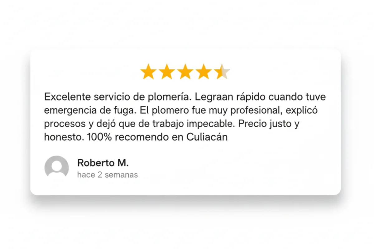 Reseña 5 estrellas Google - Servicio de emergencia plomería Culiacán