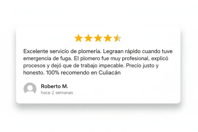 Reseña 5 estrellas Google - Servicio de emergencia plomería Culiacán