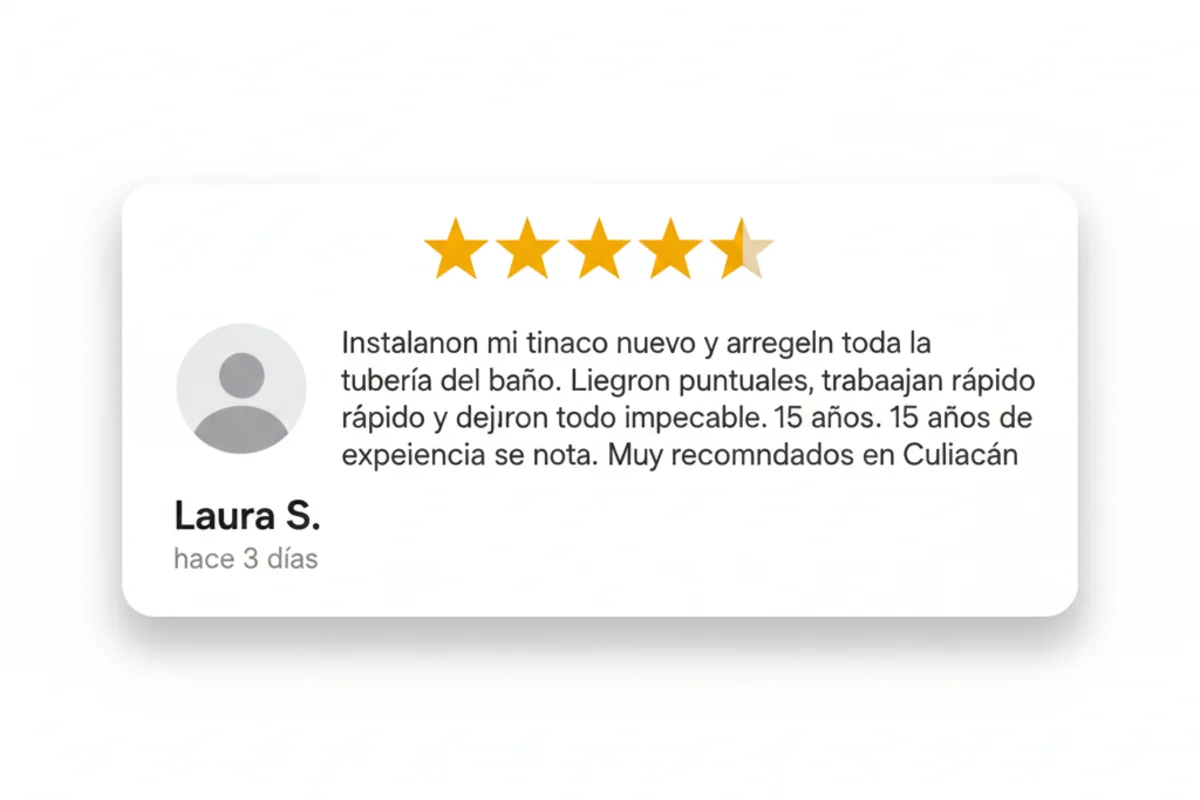 Reseña 5 estrellas Google - Instalación de tinaco plomería Culiacán