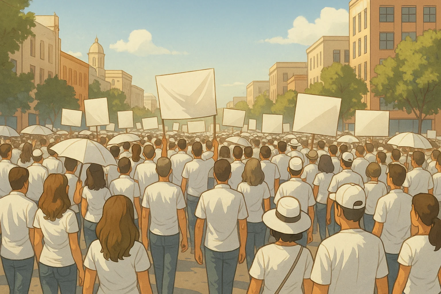 Ilustración de una marcha pacífica: avenida arbolada, pancartas y gente de blanco